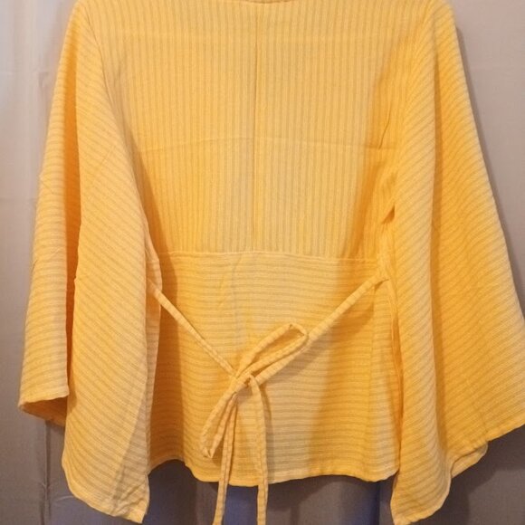 Nwt V-neck Empire waist Blouse women P Sunny Yellow White Long bell sleeve top - Picture 6 of 7